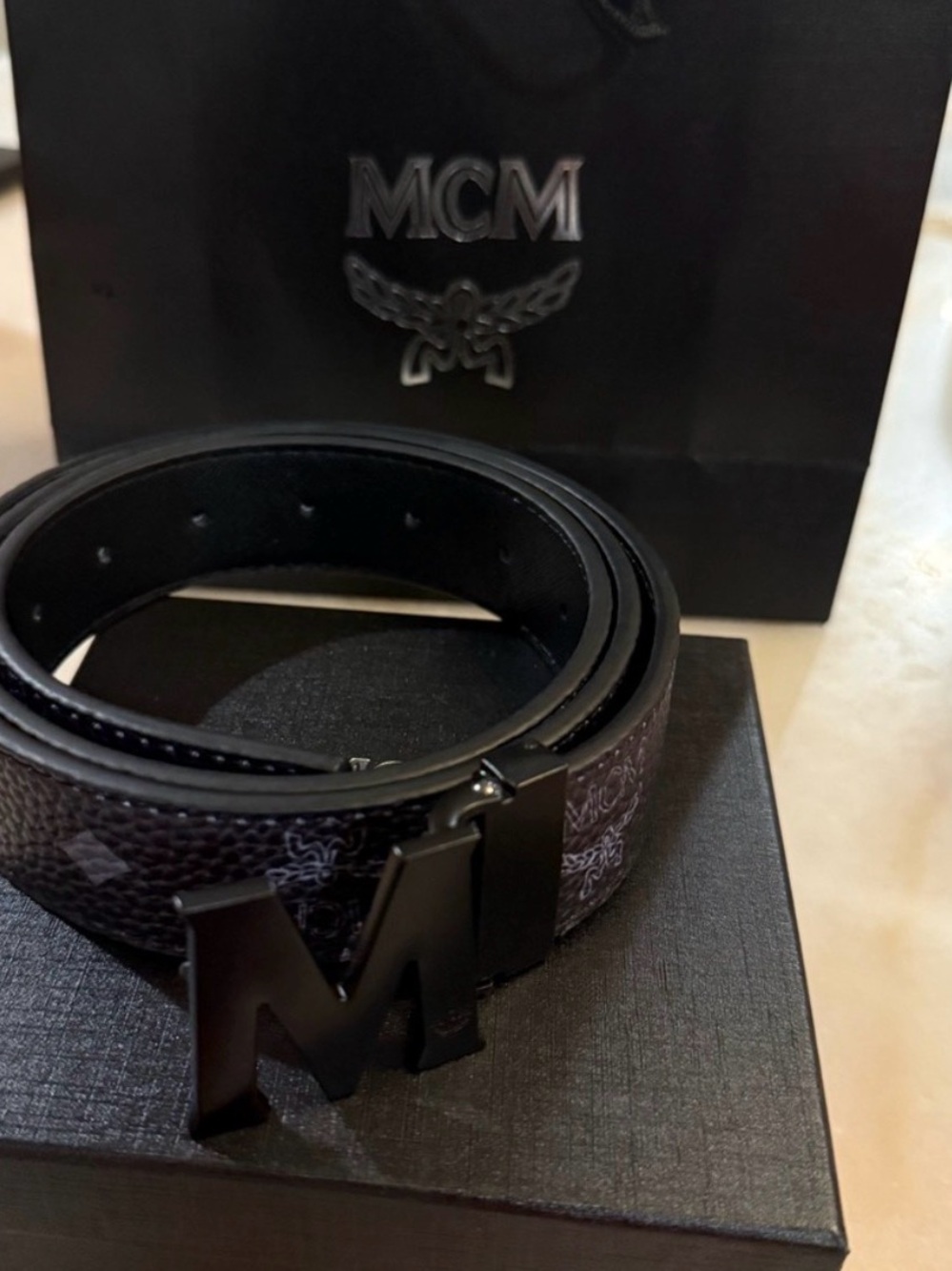 MCM Men's Black Logo Buckle Belt